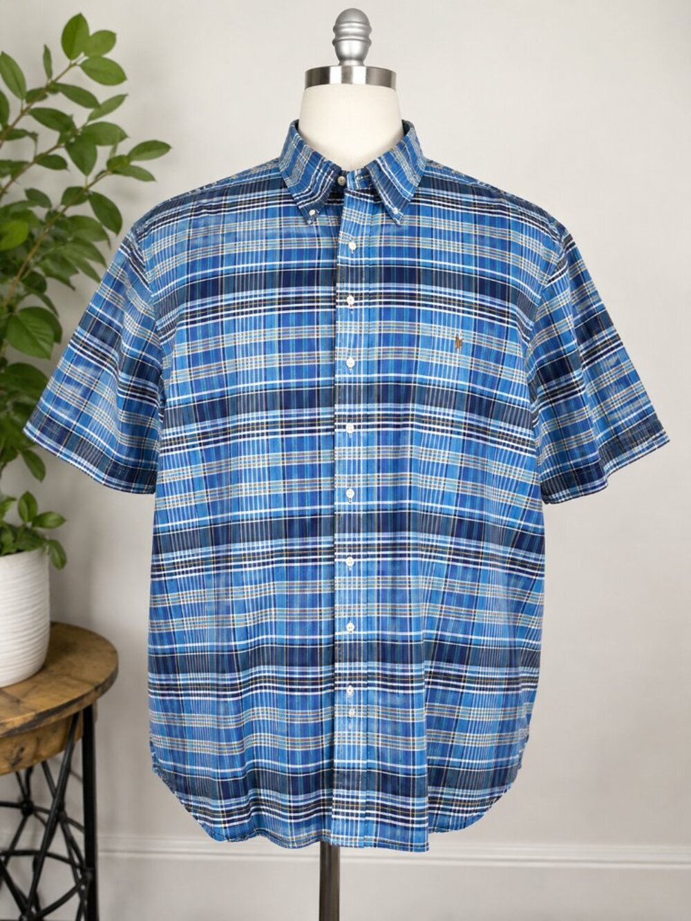 Ralph Lauren 4XLT Big & Tall Blue Plaid Cotton Short Sleeve Shirt
